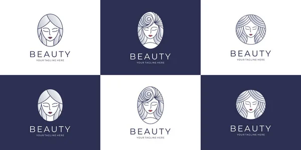 Zestaw Kobiecych Logo Damskiego Piękna Logo Strzyżenia Włosów Elegancka Twarz — Wektor stockowy