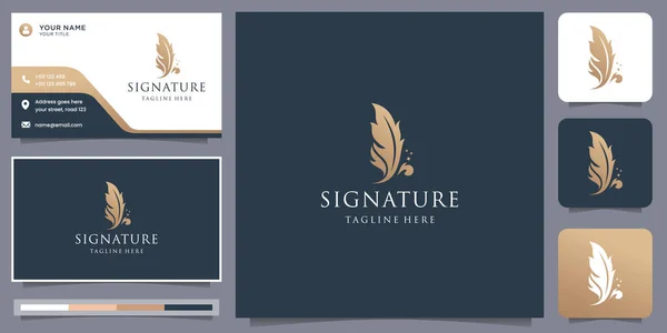 Elegant Quill Feather Logo Signature Design Luxury Golden Color Business —  Vetores de Stock
