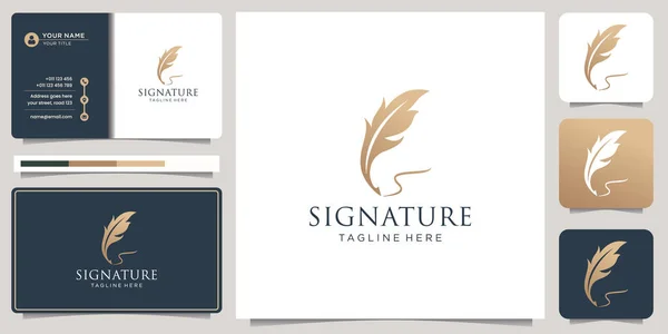 Gold Quill Signature Lines Logo Template Elegant Feather Pen Business —  Vetores de Stock