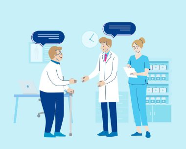 Erkek doktor ve hemşire, erkek yaşlılarla ilgileniyor. Hastanede ya da klinikte. Sağlık ve tıbbi konsept. El çizimi ince çizgi tarzı. Vektör illüstrasyonu.
