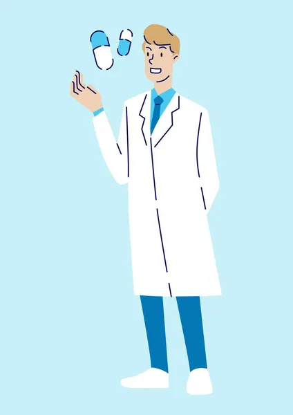 男性医師が薬カプセルを説明する 医療と医療の概念 手描きスタイル ベクターイラスト — ストックベクタ