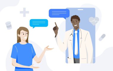 Afrikalı erkek doktor, cep telefonuyla kadın hastalara danışmanlık yapıyor. Sağlık ve tıbbi konsept. El çekme stili. Vektör illüstrasyonu.