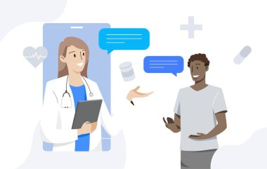 Kadın doktor cep telefonuyla Afrikalı erkek hastalara danışmanlık yapıyor. Sağlık ve tıbbi konsept. El çekme stili. Vektör illüstrasyonu.