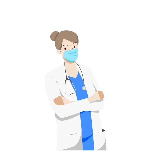 病院でマスクをしている女性医師 医療と医療の概念 手描きスタイル ベクターイラスト — ストックベクタ