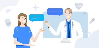 Erkek doktor, bilgisayarla kadın hastalara danışmanlık yapıyor. Sağlık ve tıbbi konsept. El çekme stili. Vektör illüstrasyonu.