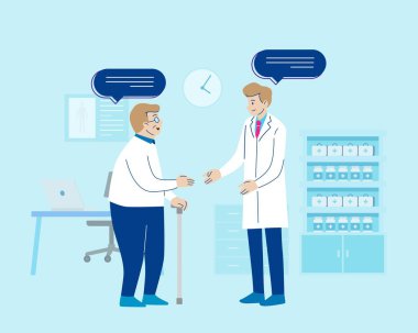 Erkek doktor, hastanede ya da klinikte erkek yaşlılarla ilgileniyor. Sağlık ve tıbbi konsept. El çizimi ince çizgi tarzı. Vektör illüstrasyonu.