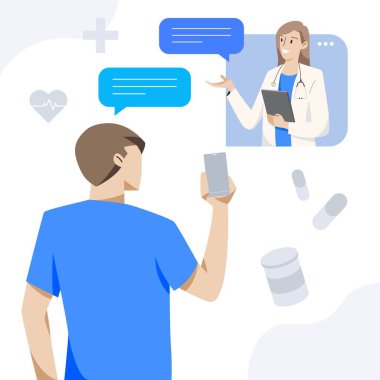 Erkek hasta arkasını döner ve cep telefonunu tutar ve cep telefonuyla bir kadın doktora danışır. Sağlık ve tıbbi konsept. El çekme stili. Vektör illüstrasyonu.