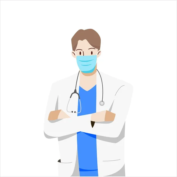 病院では男性医師がマスクをしている 医療と医療の概念 手描きスタイル ベクターイラスト — ストックベクタ