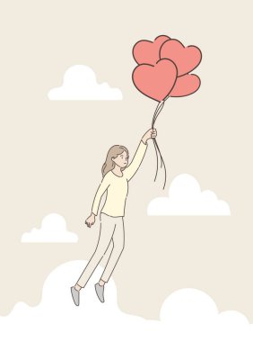 Bulutların arasında uçan kalp şeklinde bir balon tutan kız. Aşk ve Sevgililer Günü konsepti. El çekme stili. Vektör illüstrasyonu.