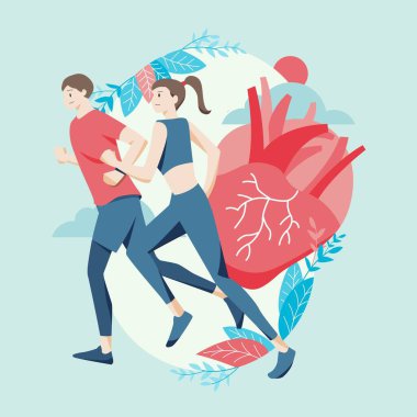 Man and woman running character healthy lifestyle with heart cardiologist. Healthcare and medical concept. Hand draw style. Vector illustration.