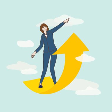 İş adamları gökyüzünde yükselen bir oku işaret ediyorlar. İş konsepti. El çekme stili. Vektör illüstrasyonu.