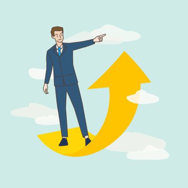 İş adamları gökyüzünde yükselen bir oku işaret ediyorlar. İş konsepti. El çekme stili. Vektör illüstrasyonu.