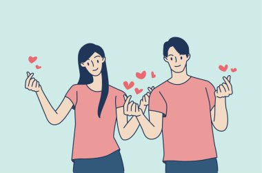 Çift Koreli kalp işareti yapıyor. Sevgililer Günü poster süslemesi. El çekme stili. Vektör illüstrasyonu.