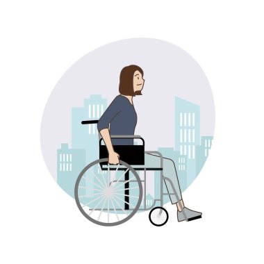 Özürlü insanlar. Tekerlekli sandalye kullanan biri. El çekme stili. Vektör illüstrasyonu.