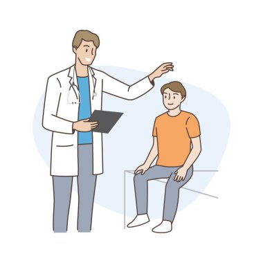 Doktor, hastayla ilgileniyor. Sağlık ve tıbbi konseptler. El çekme stili. Vektör illüstrasyonu.