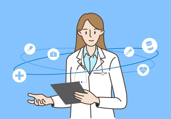Γυναίκα Γιατρός Τεχνολογία Υγείας Και Εικονίδια Ιατρικής Υγιεινή Και Ιατρικές — Διανυσματικό Αρχείο