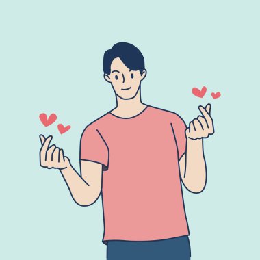 Man make korean heart sign. valentine's day poster decoration. Hand draw style. Vector illustration.