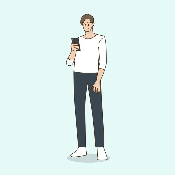 Men Women Holding Smartphones Talking Hand Draw Style Vector Illustration — Stockový vektor