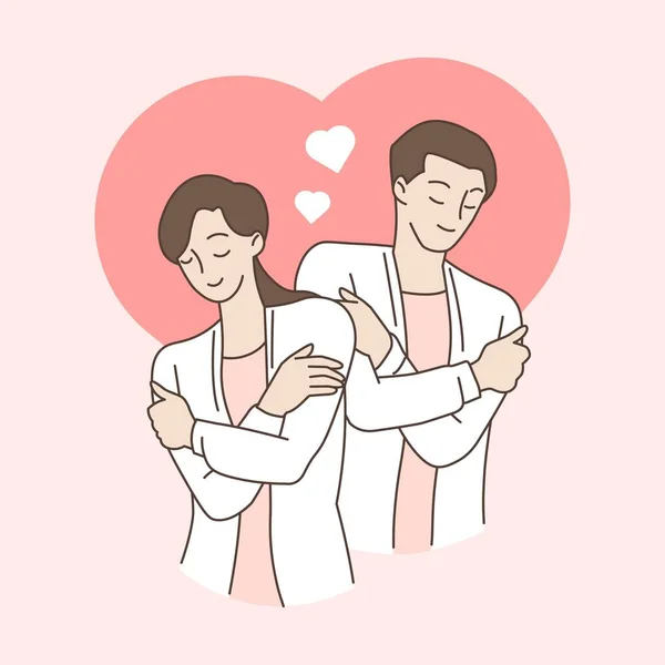 Couple Hugging Themself Hearts Pink Background Self Love Self Care — Vettoriale Stock