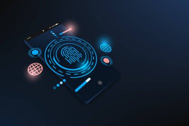 Telefon veya mobil ve simge konsepti ile soyut siber güvenlik parmak izi girişi. Hologram ve HUD arayüzlü 3D dijital teknoloji model cep telefonu. Modern akıllı telefon sunum pankartı.