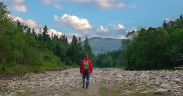 Турист с рюкзаком гуляет по горной долине — стоковое видео