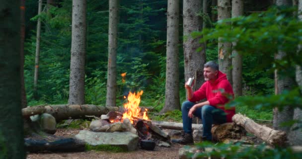 Touriste masculin barbu près d'un feu de camp dans la forêt — Video