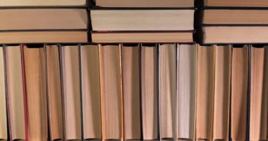 Büyük bir kitapçıdaki raflarda birçok kitap düzenlendi.