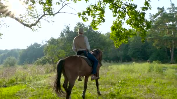 Americký kovboj na koni na lesním trávníku — Stock video