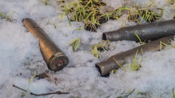 闪闪融化的雪粒和露出的青草和机枪子弹的宏观时差镜头 — 图库视频影像