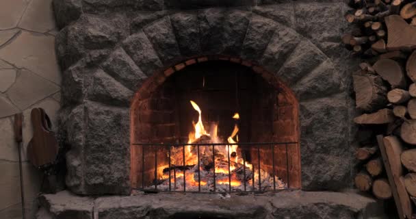 Fuego ardiente en la chimenea — Vídeo de stock