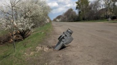 An unexploded military missile of the Russian army on the side of the road against the backdrop of a flowering tree