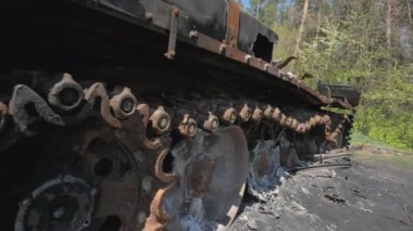 The remains of a burnt and destroyed tank of the Russian army as a result of a battle with Ukrainian troops