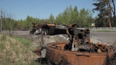 The remains of a burnt and destroyed tank of the Russian army as a result of a battle with Ukrainian troops