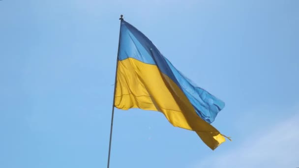 The Ukrainian flag flutters against the blue sky — Stockvideo