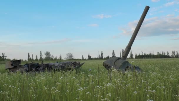 Überreste Eines Verbrannten Panzers Auf Einem Feld Der Nähe Von — Stockvideo
