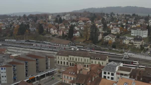 Aerial View Railway Station City Payerne Switzerland Train Rails — Stockvideo
