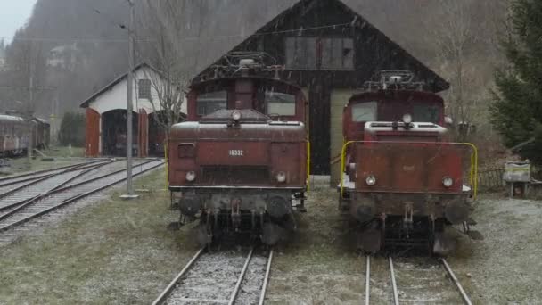 Aerial View Retro Trains Train Depot Alps Switzerland — Stockvideo