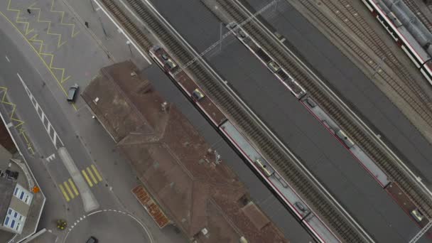Aerial View Railway Station City Payerne Switzerland Train Starts Moving — Stockvideo