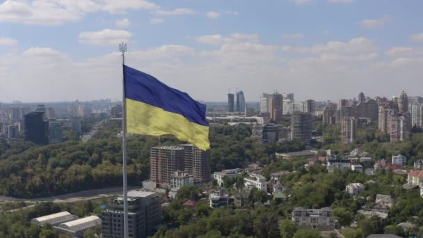 Vista Aérea Maior Bandeira Ucrânia Está Voando Contra Pano Fundo — Vídeo de Stock