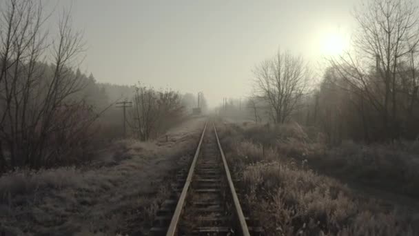 Drone Flying Old Narrow Gauge Railway Early Morning Aerial View — Stockvideo