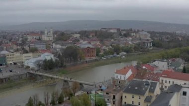 Aerial view of city Uzhhorod in winter, 4k