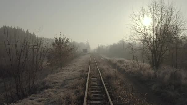 Drone Flying Old Narrow Gauge Railway Early Morning Aerial View — Video Stock