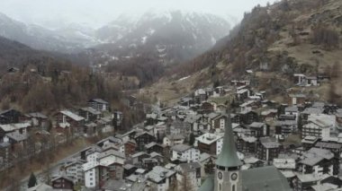 Aerial view of Zermatt in Switzerland in autumn. Alps 4K