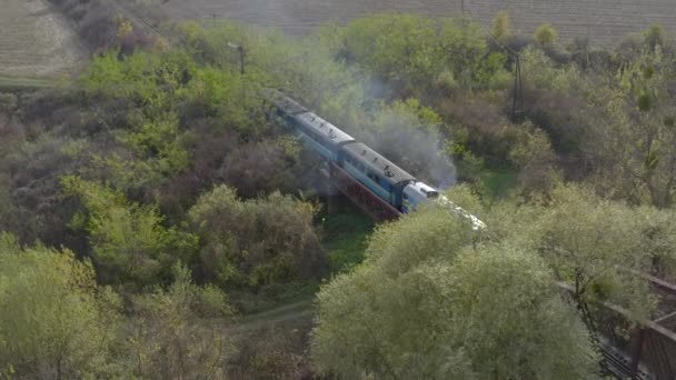 Aerial View Train Traveling Railway Bridge River Drone Flight Locomotive — Vídeos de Stock