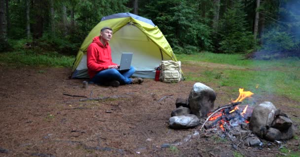 Man Works Laptop Tourist Camp Beautiful Forest Concept Freelancing Digital — Stock videók