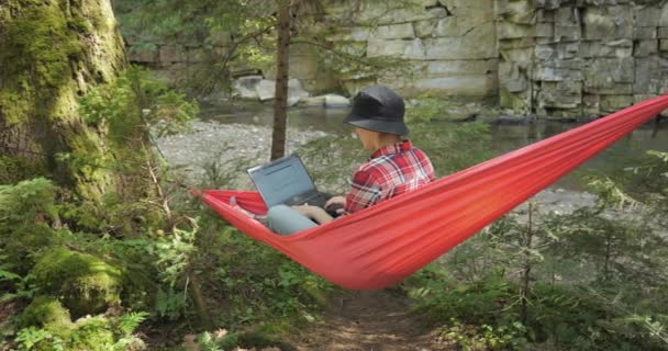 Woman Works Laptop Hammock River Bank Beautiful Forest Concept Freelancing — Stok video