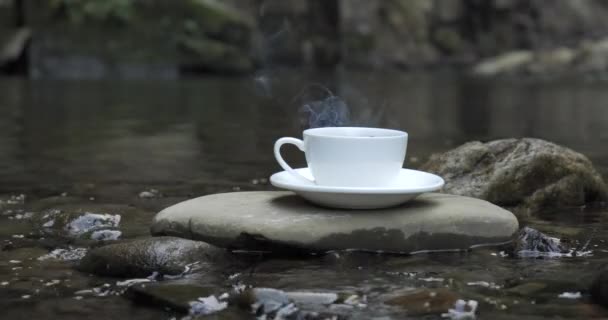 Cup Stone River Bank Close Steam Rises Mug Travel Concept — 图库视频影像