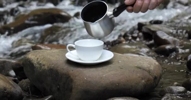 Coffee Poured Cup Coffee Maker Breakfast Bank Beautiful River Travel — 图库视频影像
