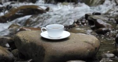 A mug on a stone on the river bank, close-up. Travel concept. 4k