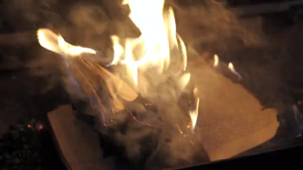 Open Book Fire Big Bright Flame Burning Paper Old Publication — Vídeo de Stock